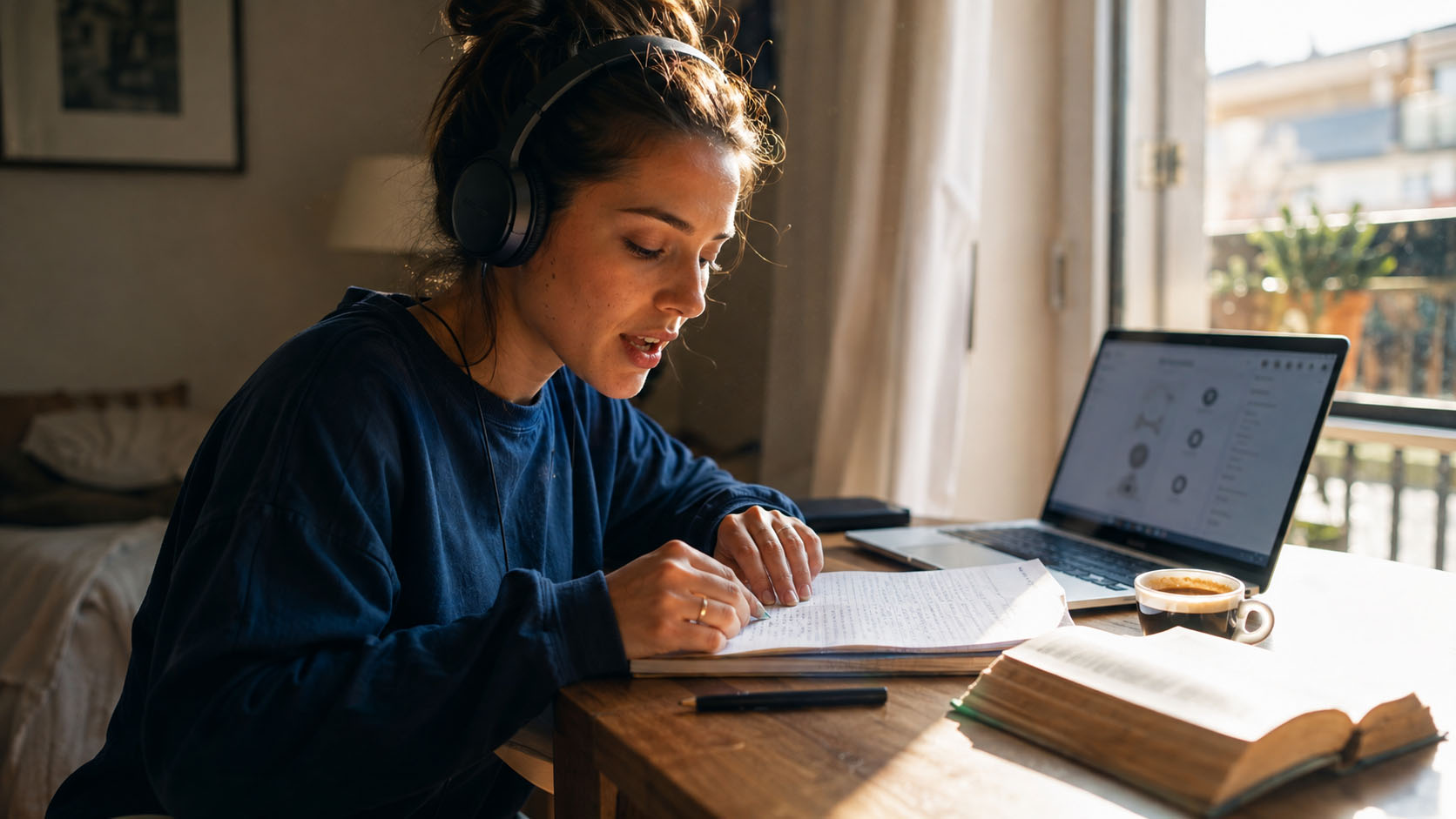 A young woman with headphones practising Italian aloud beside her notebook and laptop by a sunlit window