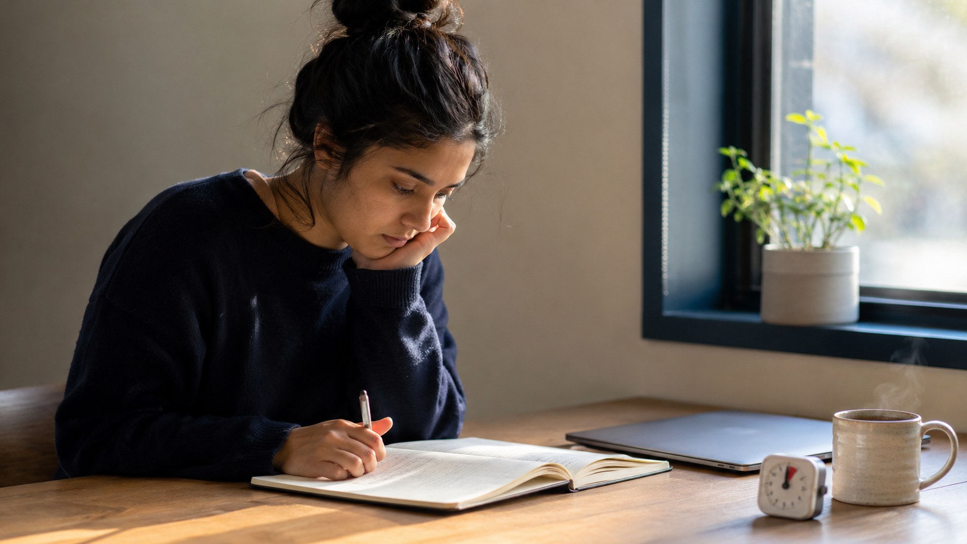 A student writing in a notebook at a wooden desk by a window, with a closed laptop, a study timer and a mug of tea