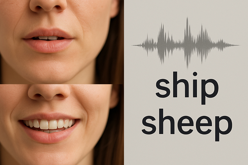 Mouth shapes for ship (/ɪ/) vs sheep (/iː/)