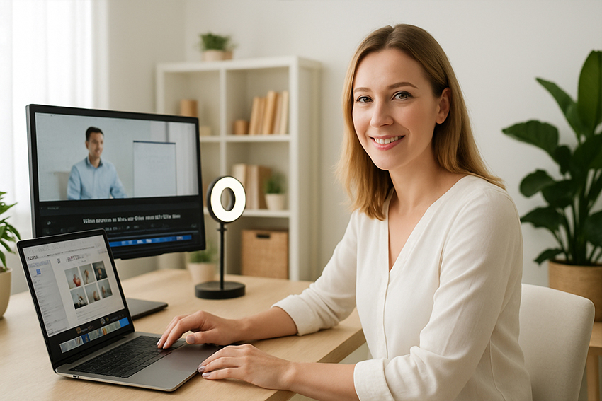 Teacher in a bright home studio editing subtitles