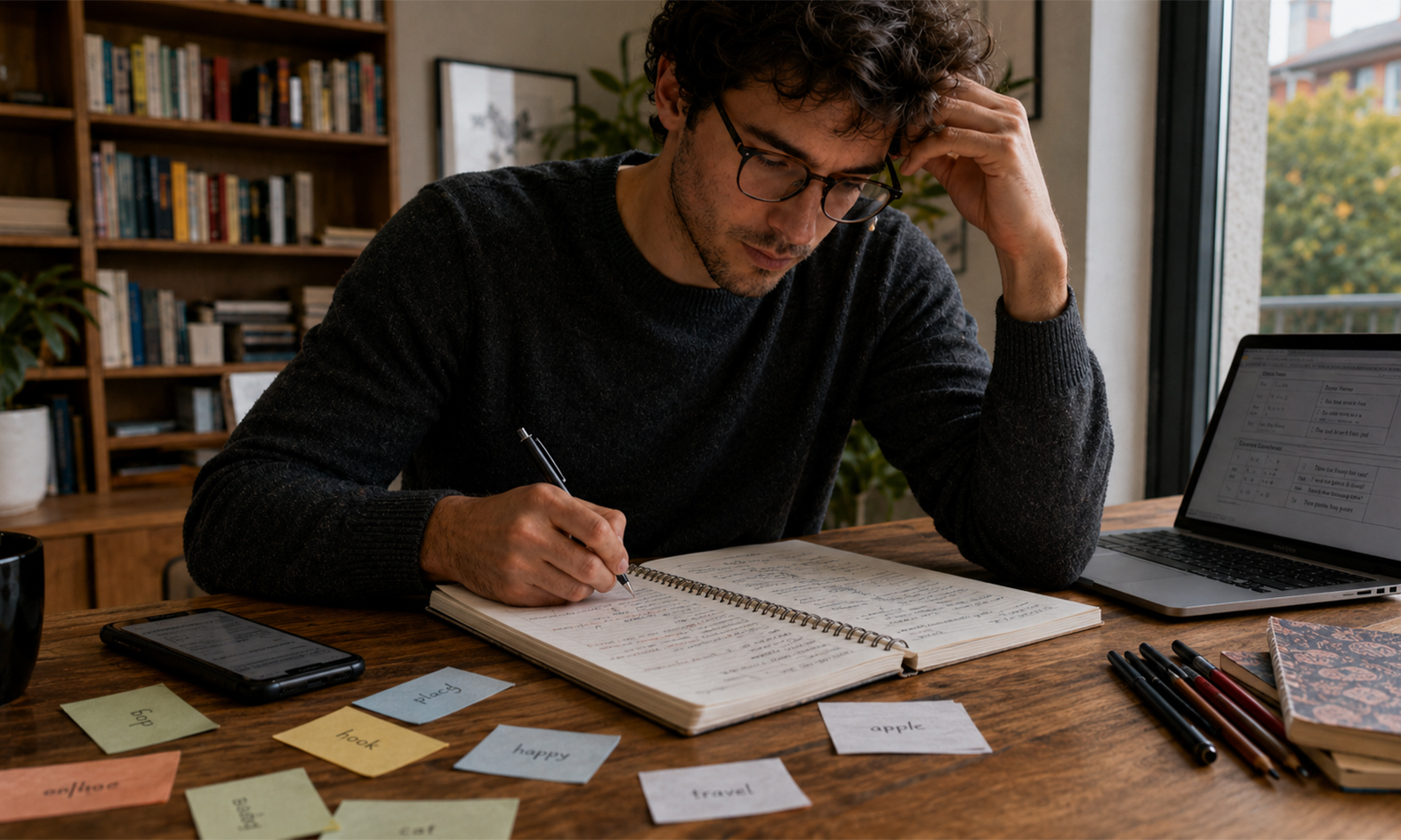 joven estudiando gramática en casa