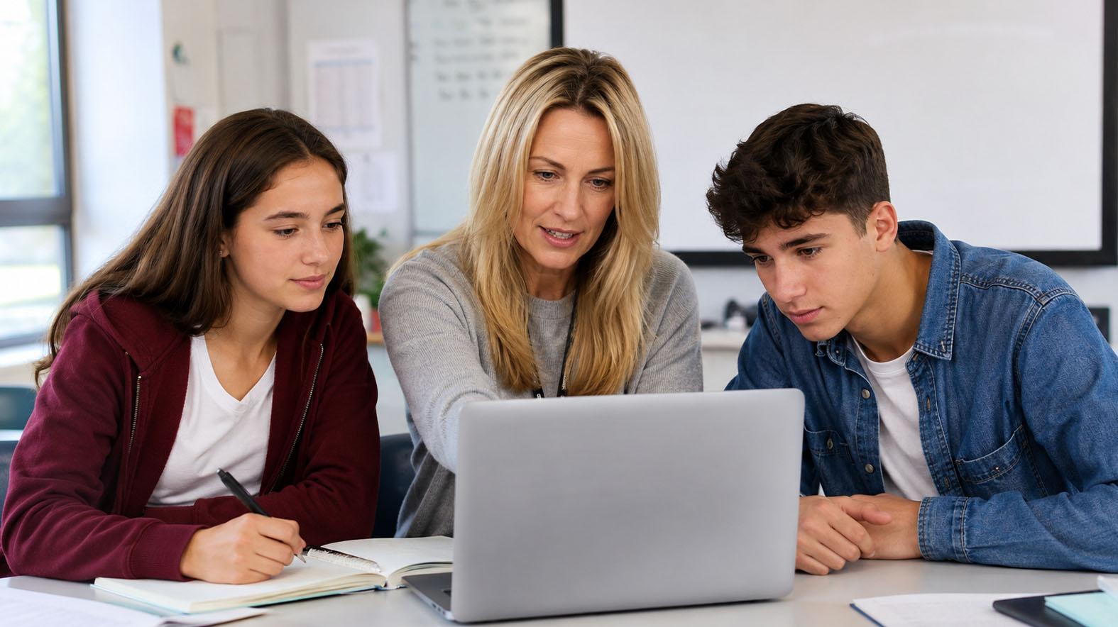 A teacher and two students checking a reference list together on a laptop