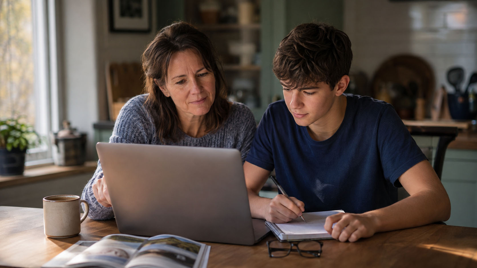 A mother and her teenage son comparing online A-Level programmes on a laptop at the kitchen table