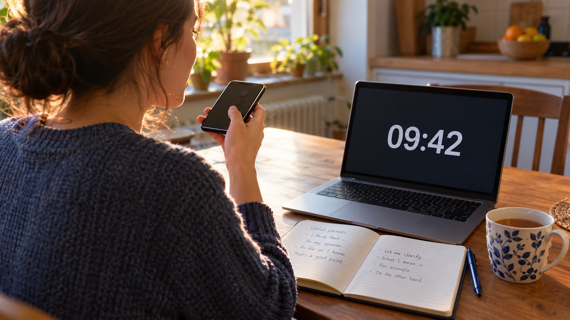 An English learner practising with a countdown timer on a laptop screen
