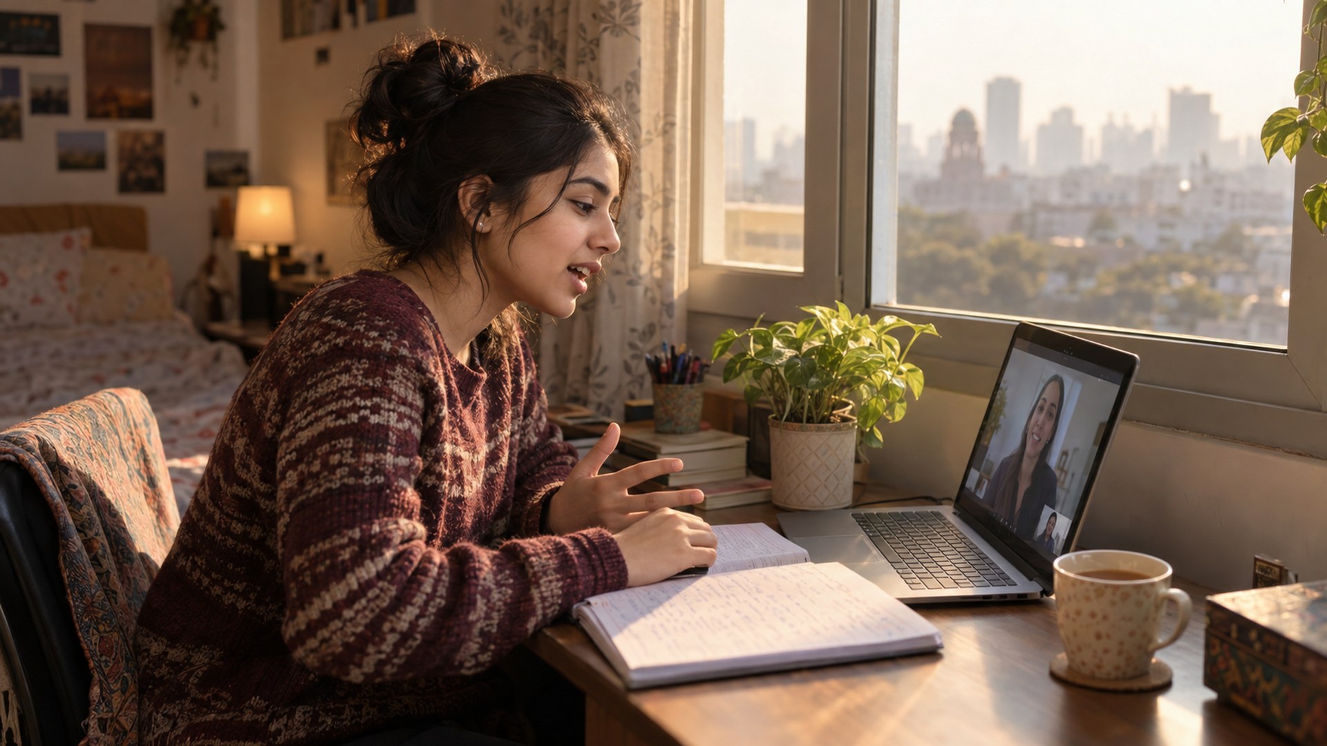 A young woman in New Delhi taking an online English lesson on her laptop at home