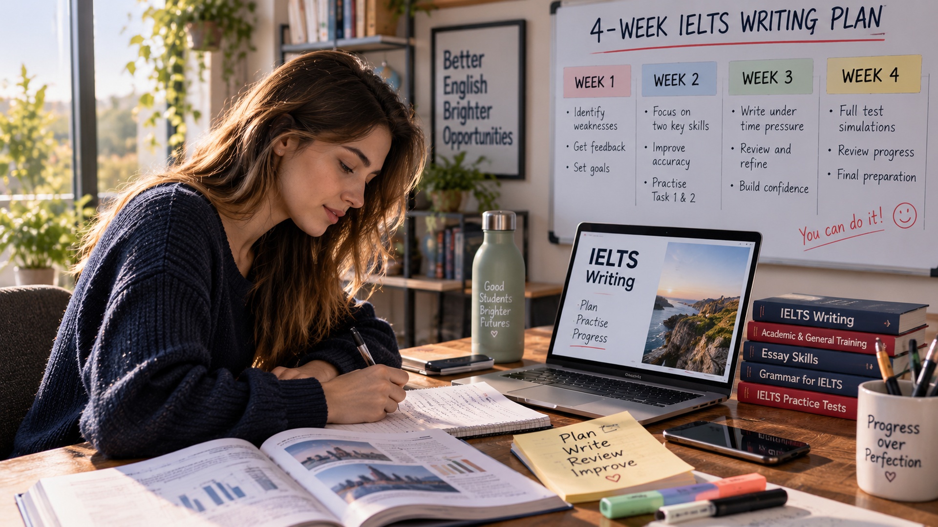 Student preparing for IELTS Writing with a four-week study plan