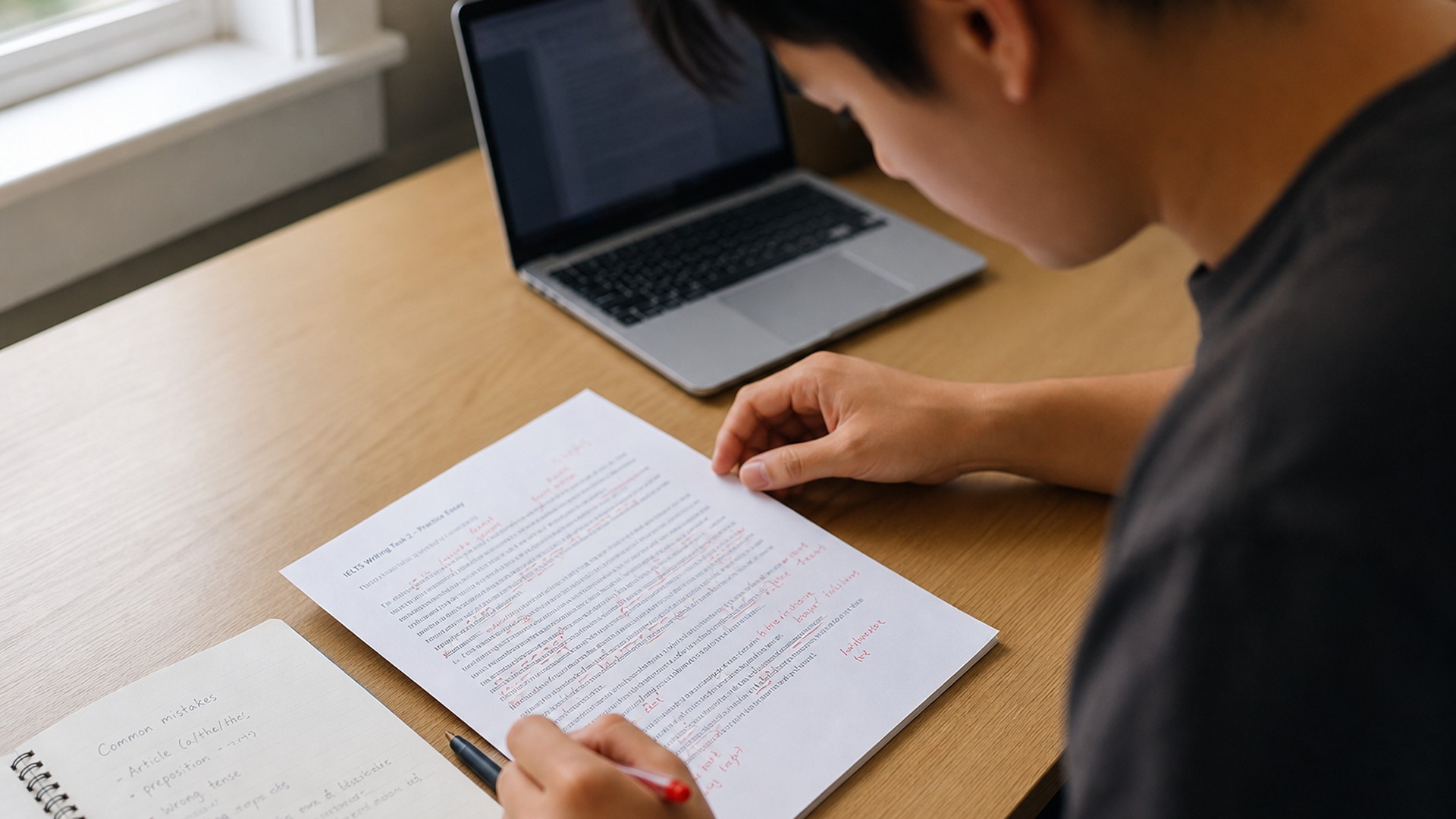 An IELTS candidate reviewing a marked practice essay at a desk, with a correction log open beside the laptop