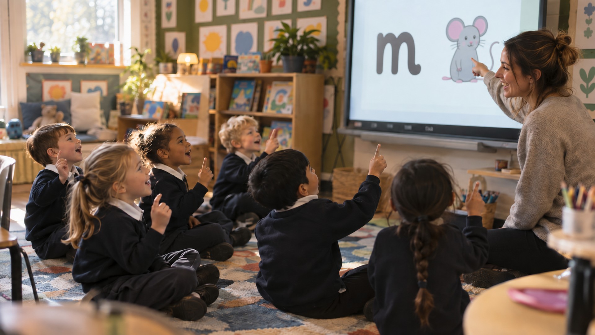 Young children singing along to a phonics song in a primary classroom, with the teacher pointing at letters on the screen
