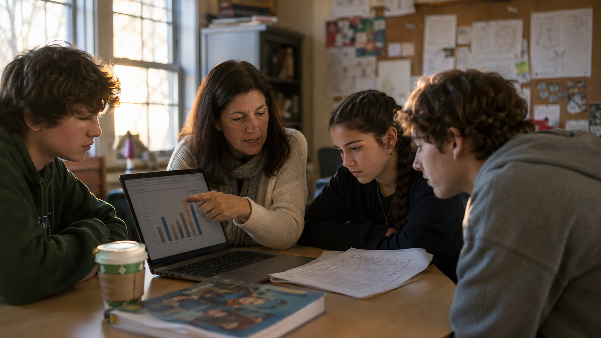 A secondary-school language teacher and three students reviewing enrollment and engagement charts on a laptop in a bright classroom