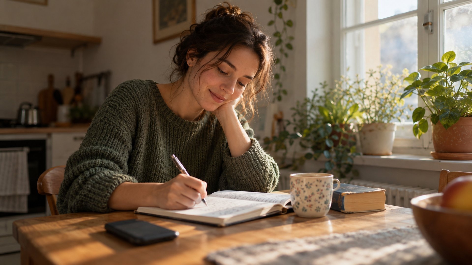 An English learner writing a short story in a notebook