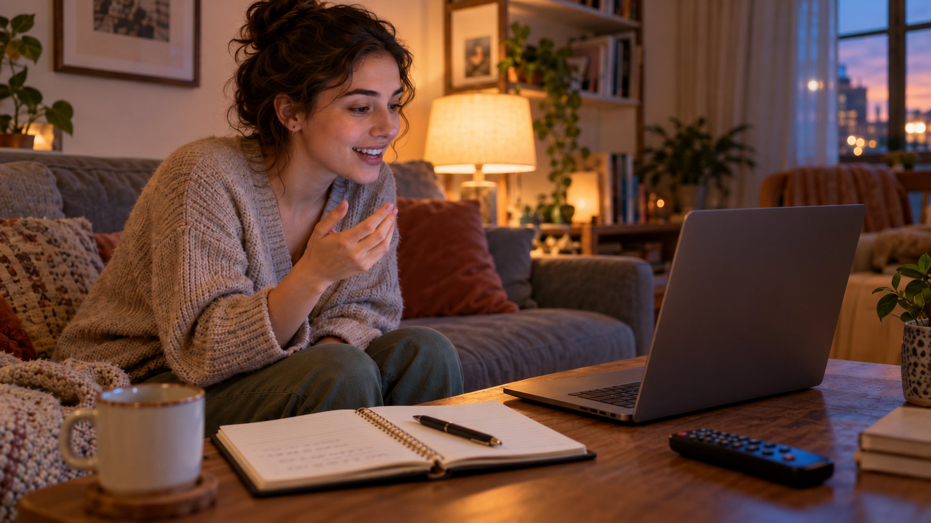 A young woman on a sofa practising English phrases aloud while watching a TV series on her laptop